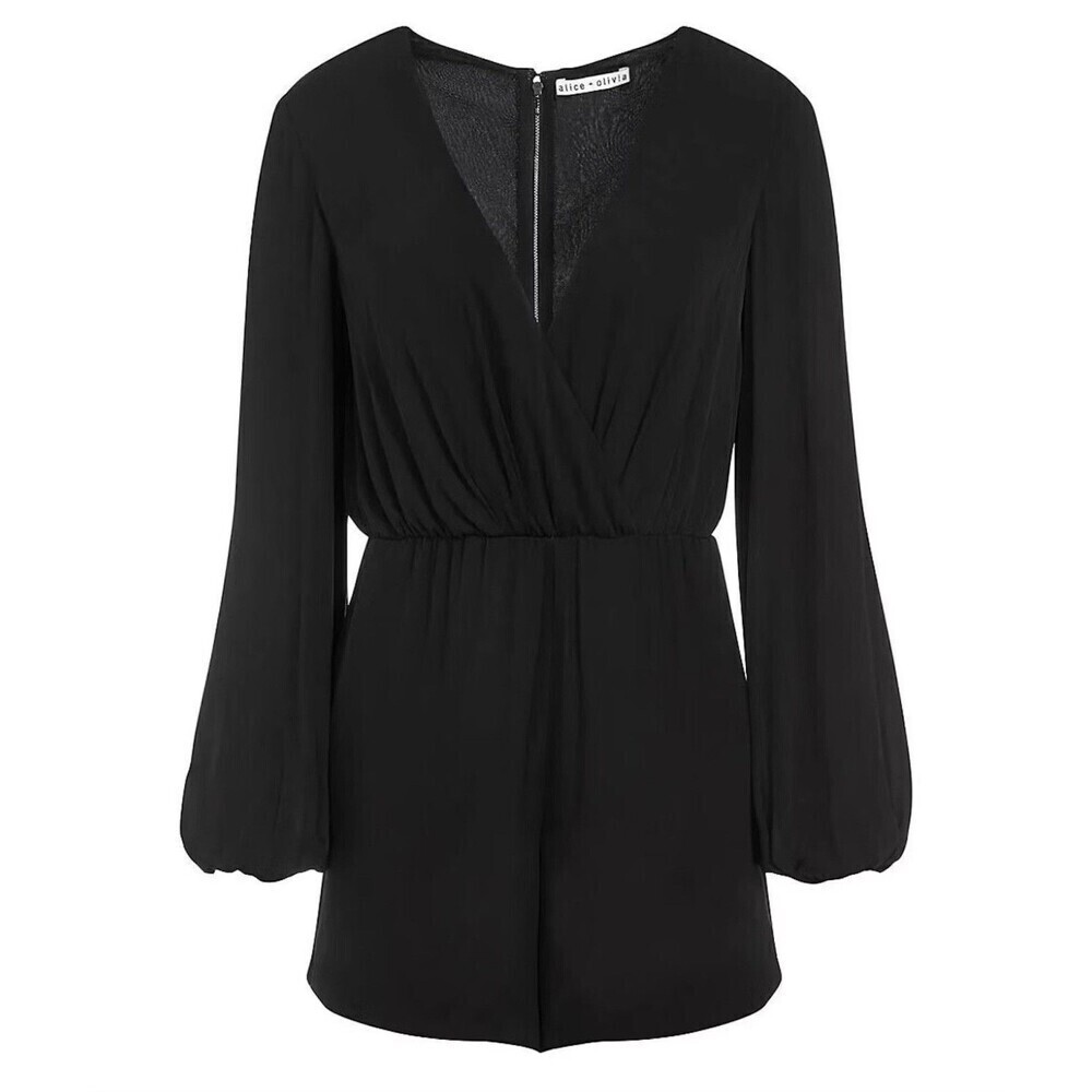 Alice + Olivia Sinclair Romper Surplice V-neck Long Sleeve Zip Black Women’s 0 - Picture 13 of 13